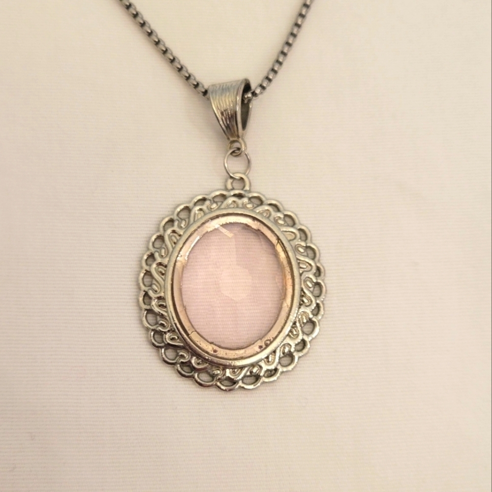 1½" Silver Tone pendant with pale pink faux stone